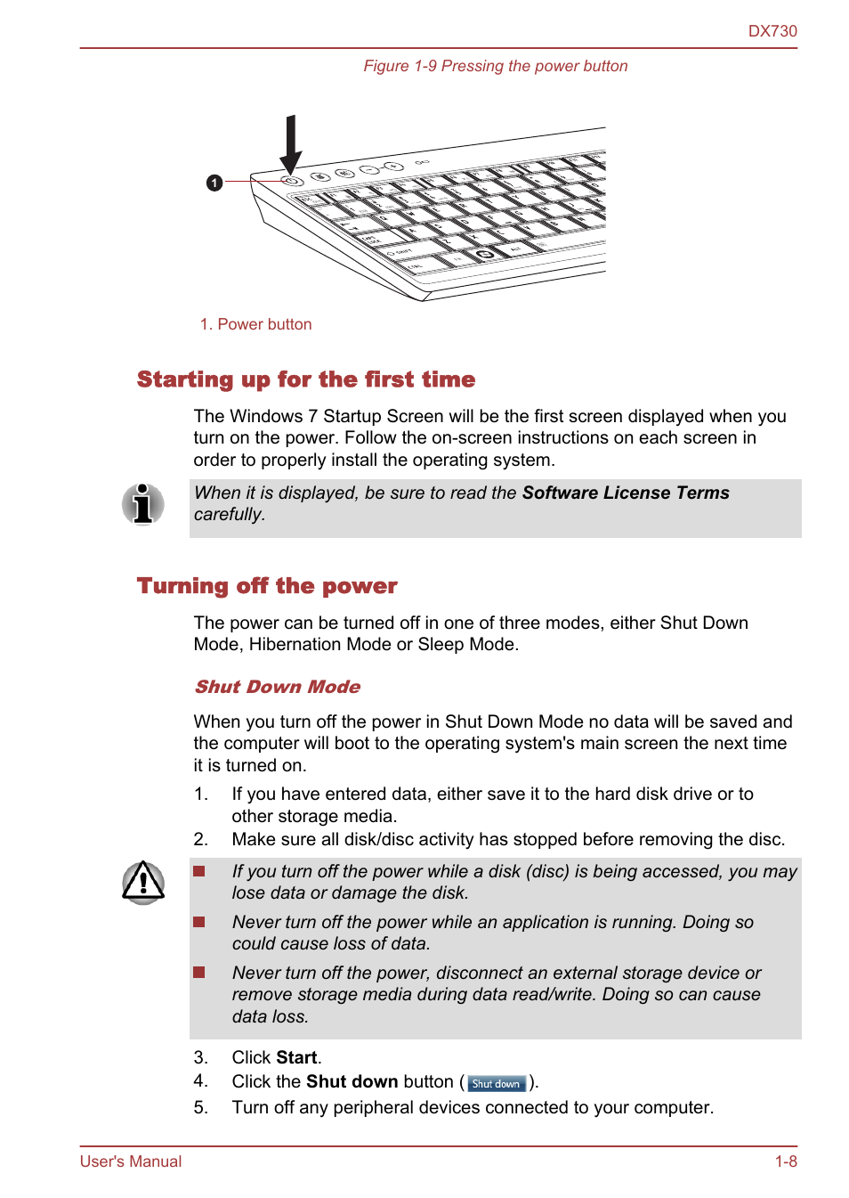 Starting up for the first time, Turning off the power | Toshiba Qosmio DX730 User Manual | Page 25 / 150