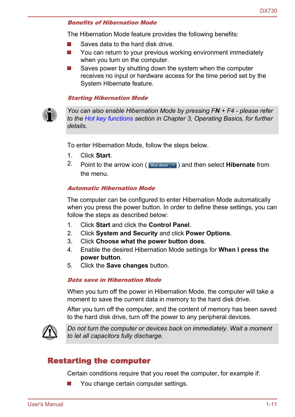 Restarting the computer | Toshiba Qosmio DX730 User Manual | Page 28 / 150