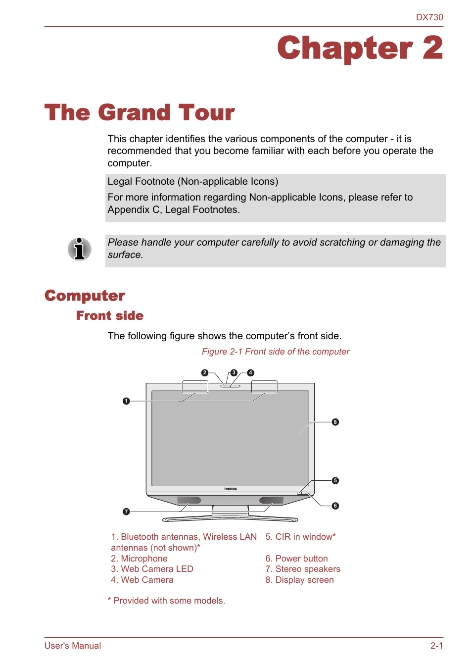 Chapter 2 the grand tour, Computer, Front side | Chapter 2, The grand tour, Computer -1 | Toshiba Qosmio DX730 User Manual | Page 30 / 150