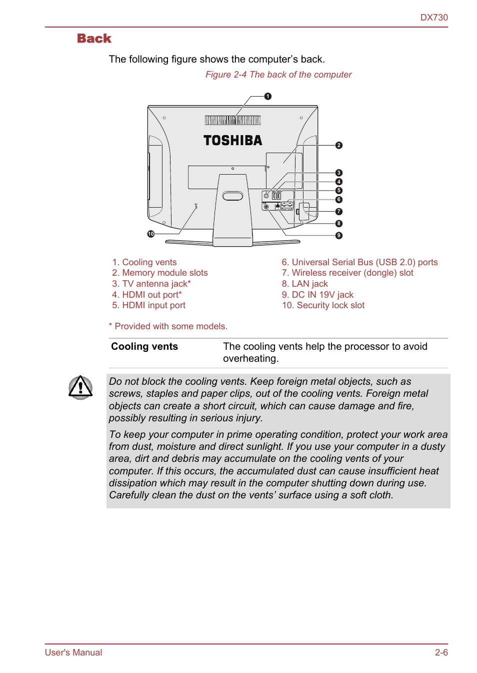 Back, The following figure shows the computer’s back | Toshiba Qosmio DX730 User Manual | Page 35 / 150