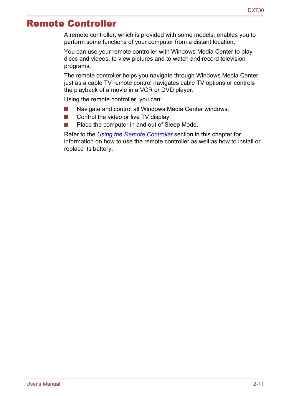 Remote controller, Remote controller -11 | Toshiba Qosmio DX730 User Manual | Page 40 / 150