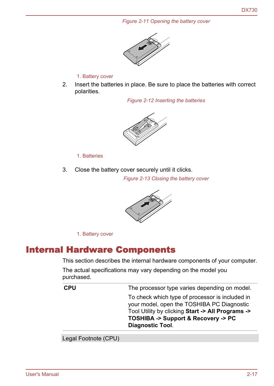 Internal hardware components, Internal hardware components -17 | Toshiba Qosmio DX730 User Manual | Page 46 / 150