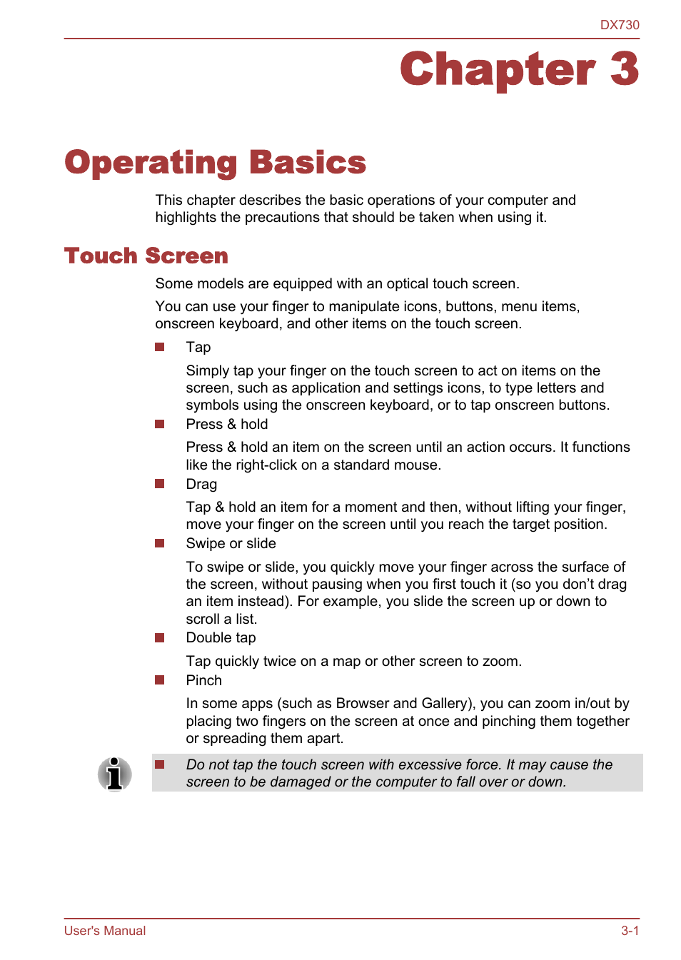 Chapter 3 operating basics, Touch screen, Chapter 3 | Operating basics, Touch screen -1, For details | Toshiba Qosmio DX730 User Manual | Page 49 / 150