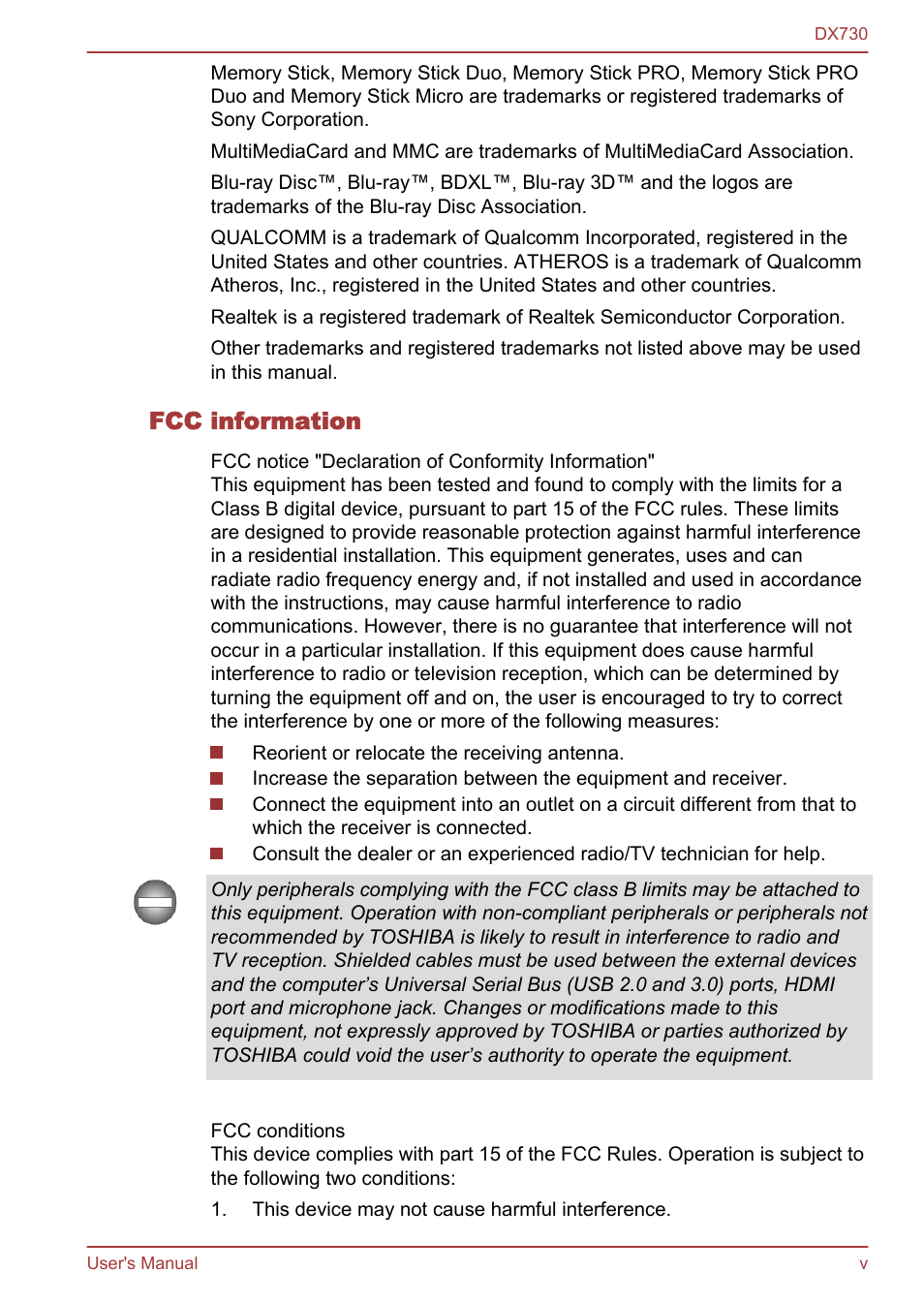 Fcc information | Toshiba Qosmio DX730 User Manual | Page 5 / 150