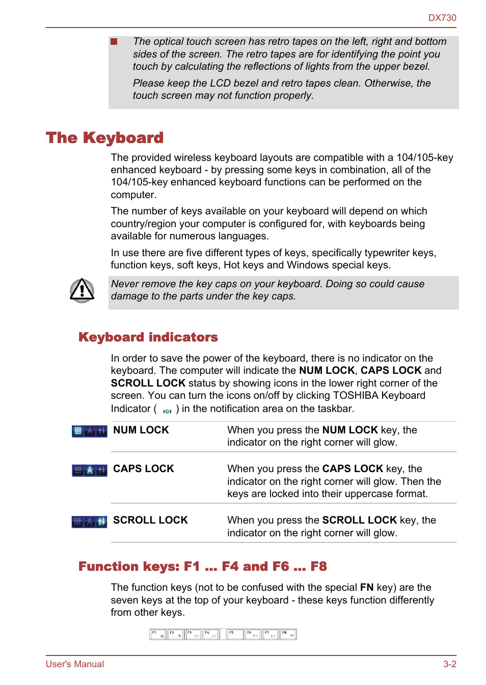 The keyboard, Keyboard indicators, Function keys: f1 … f4 and f6 ... f8 | The keyboard -2 | Toshiba Qosmio DX730 User Manual | Page 50 / 150