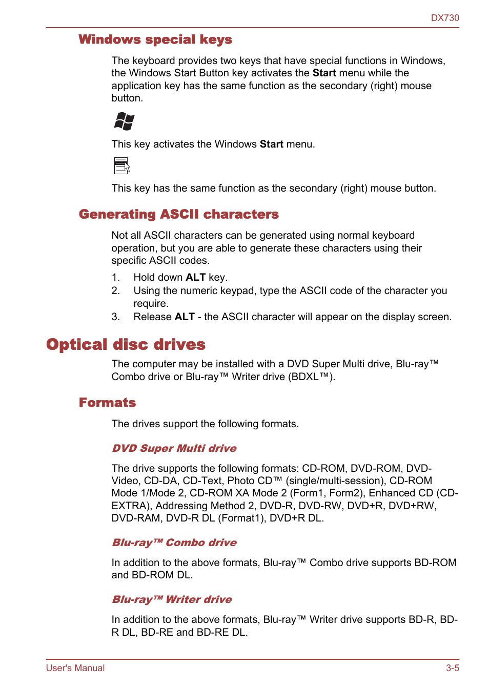 Windows special keys, Generating ascii characters, Optical disc drives | Formats, Optical disc drives -5 | Toshiba Qosmio DX730 User Manual | Page 53 / 150