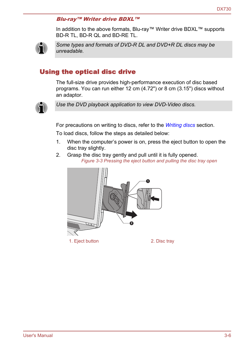 Using the optical disc drive | Toshiba Qosmio DX730 User Manual | Page 54 / 150