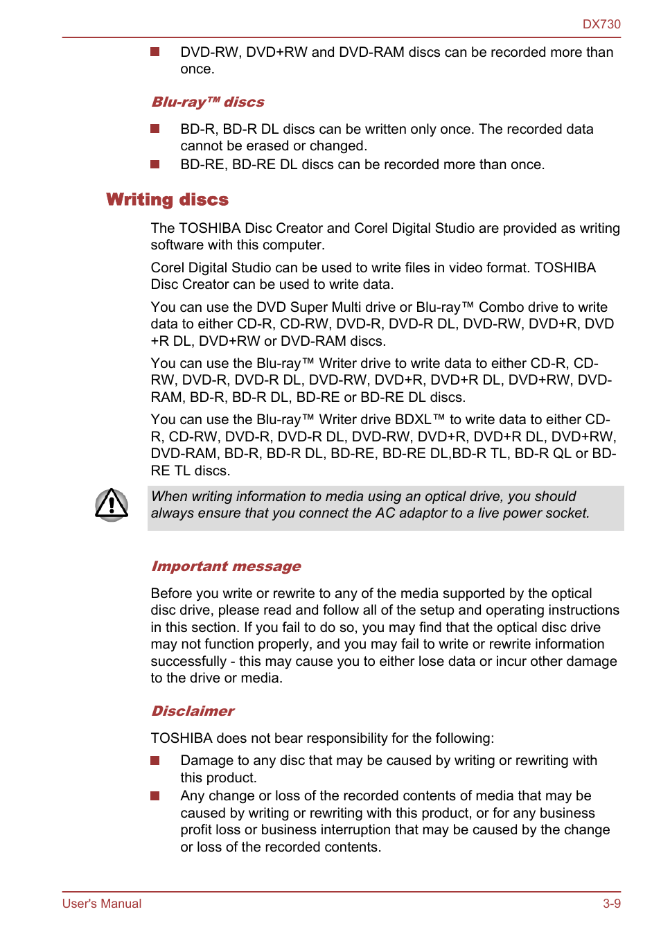 Writing discs | Toshiba Qosmio DX730 User Manual | Page 57 / 150