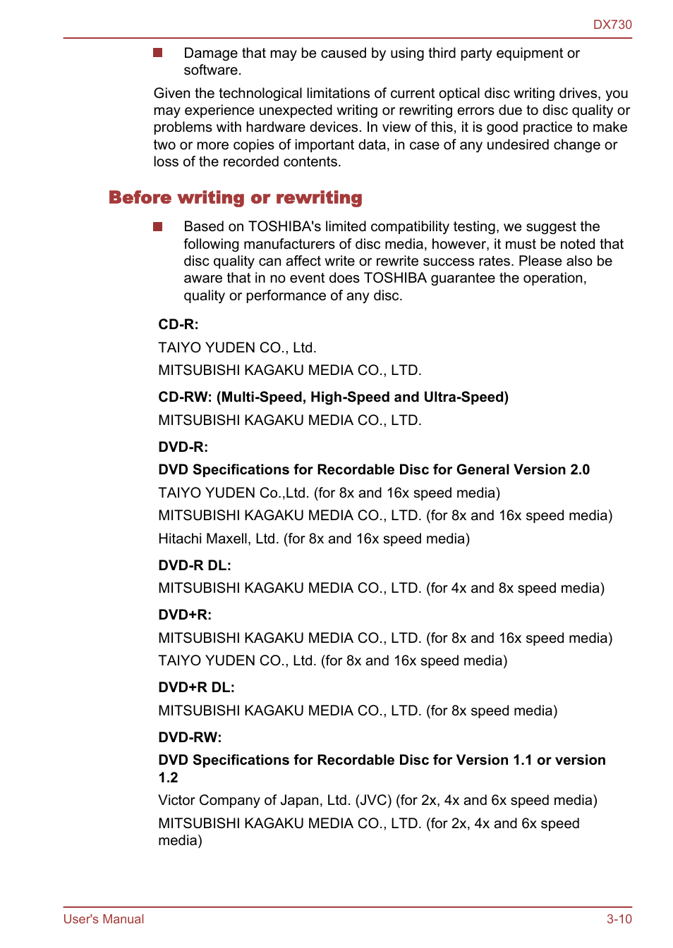 Before writing or rewriting | Toshiba Qosmio DX730 User Manual | Page 58 / 150