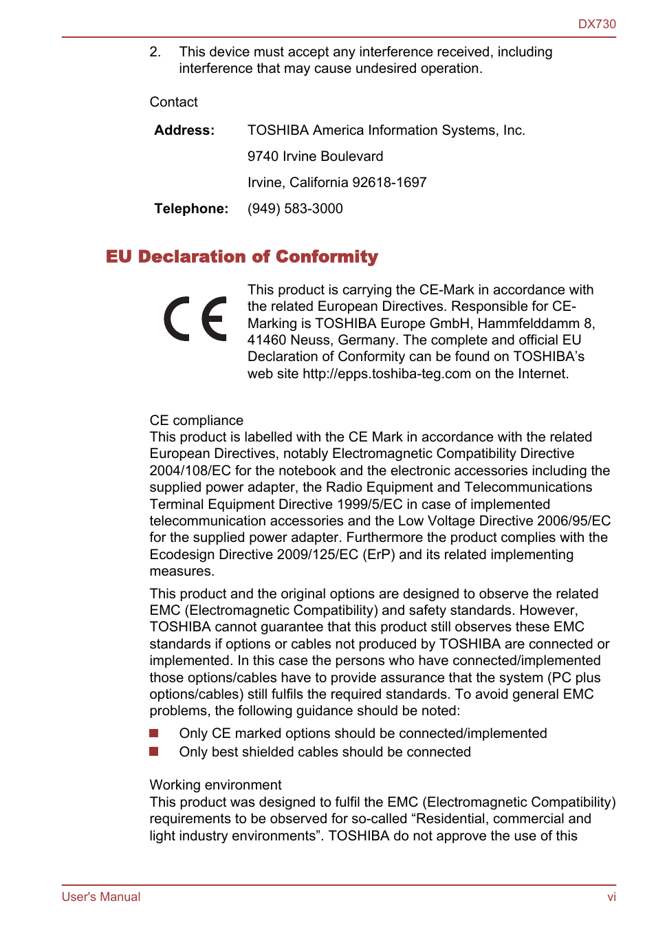 Eu declaration of conformity | Toshiba Qosmio DX730 User Manual | Page 6 / 150