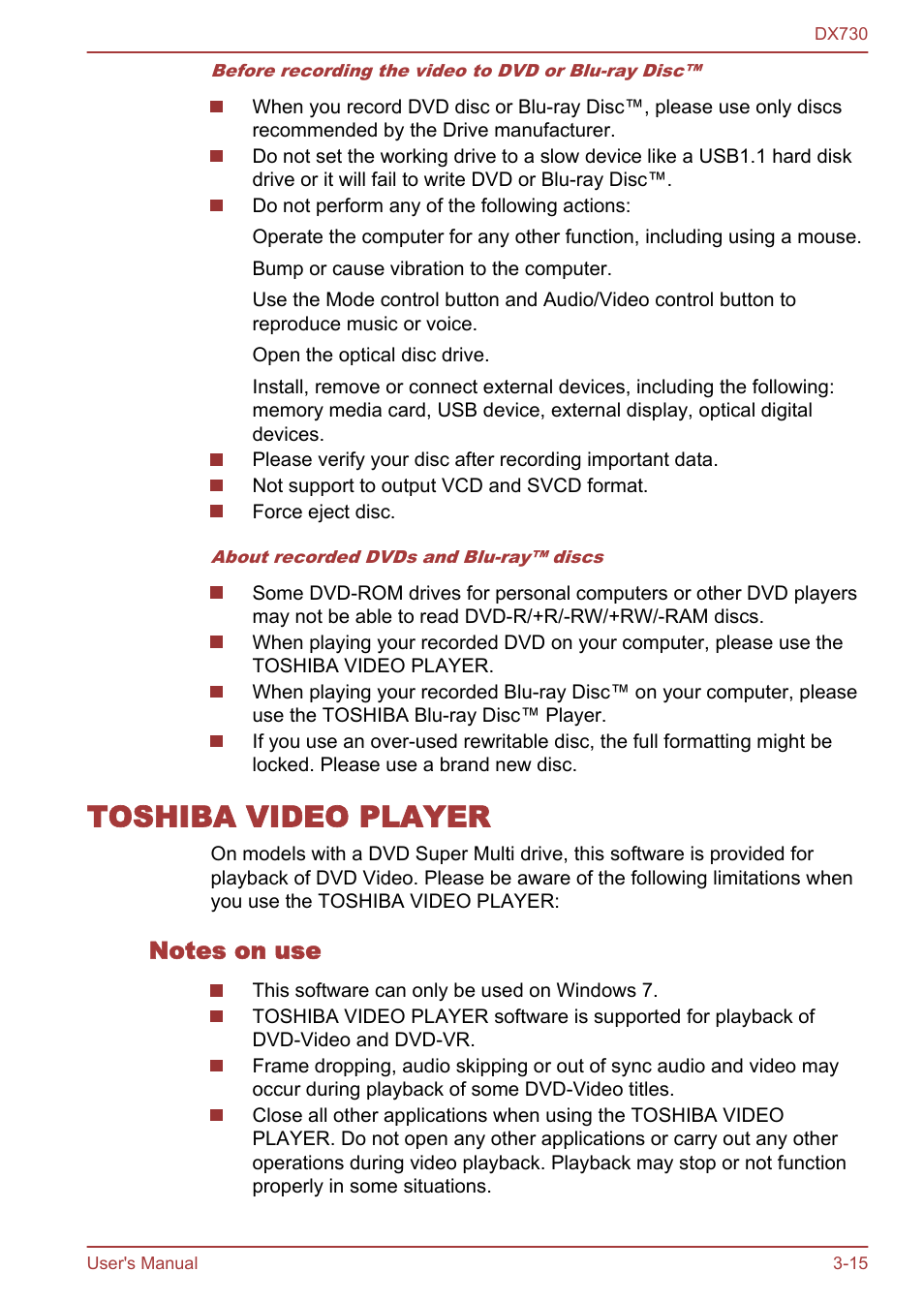 Toshiba video player, Notes on use, Toshiba video player -15 | Toshiba Qosmio DX730 User Manual | Page 63 / 150