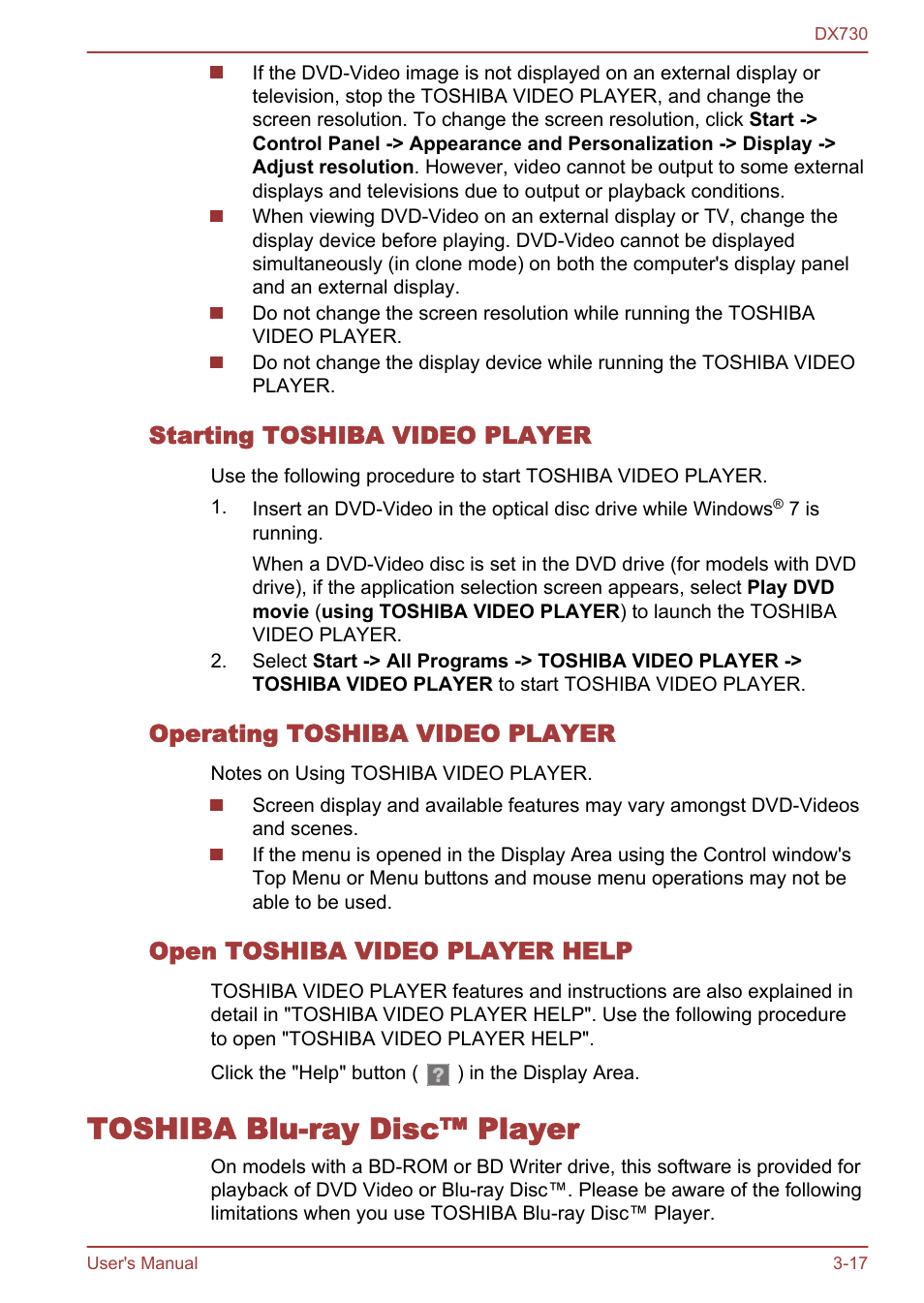 Starting toshiba video player, Operating toshiba video player, Open toshiba video player help | Toshiba blu-ray disc™ player, Toshiba blu-ray disc™ player -17 | Toshiba Qosmio DX730 User Manual | Page 65 / 150