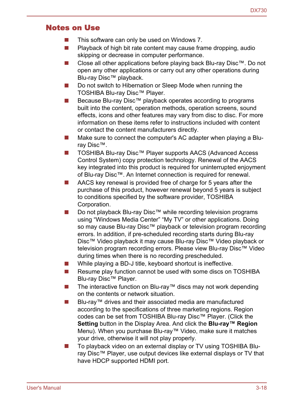 Notes on use | Toshiba Qosmio DX730 User Manual | Page 66 / 150