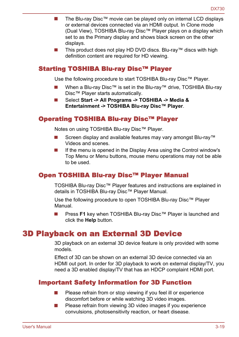 Starting toshiba blu-ray disc™ player, Operating toshiba blu-ray disc™ player, Open toshiba blu-ray disc™ player manual | 3d playback on an external 3d device, Important safety information for 3d function, 3d playback on an external 3d device -19 | Toshiba Qosmio DX730 User Manual | Page 67 / 150