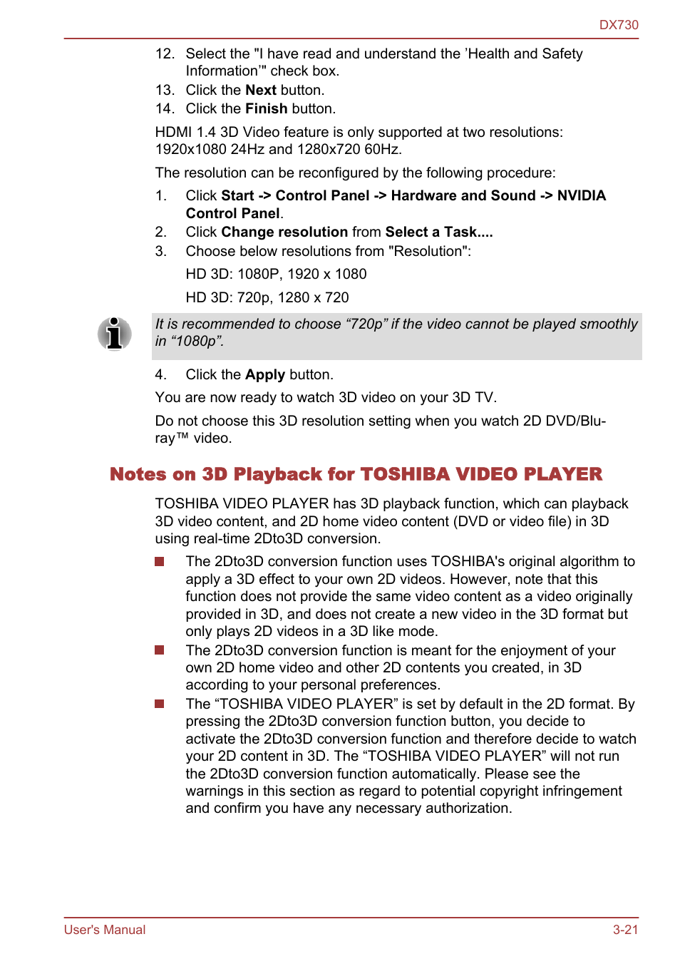 Notes on 3d playback for toshiba video player | Toshiba Qosmio DX730 User Manual | Page 69 / 150