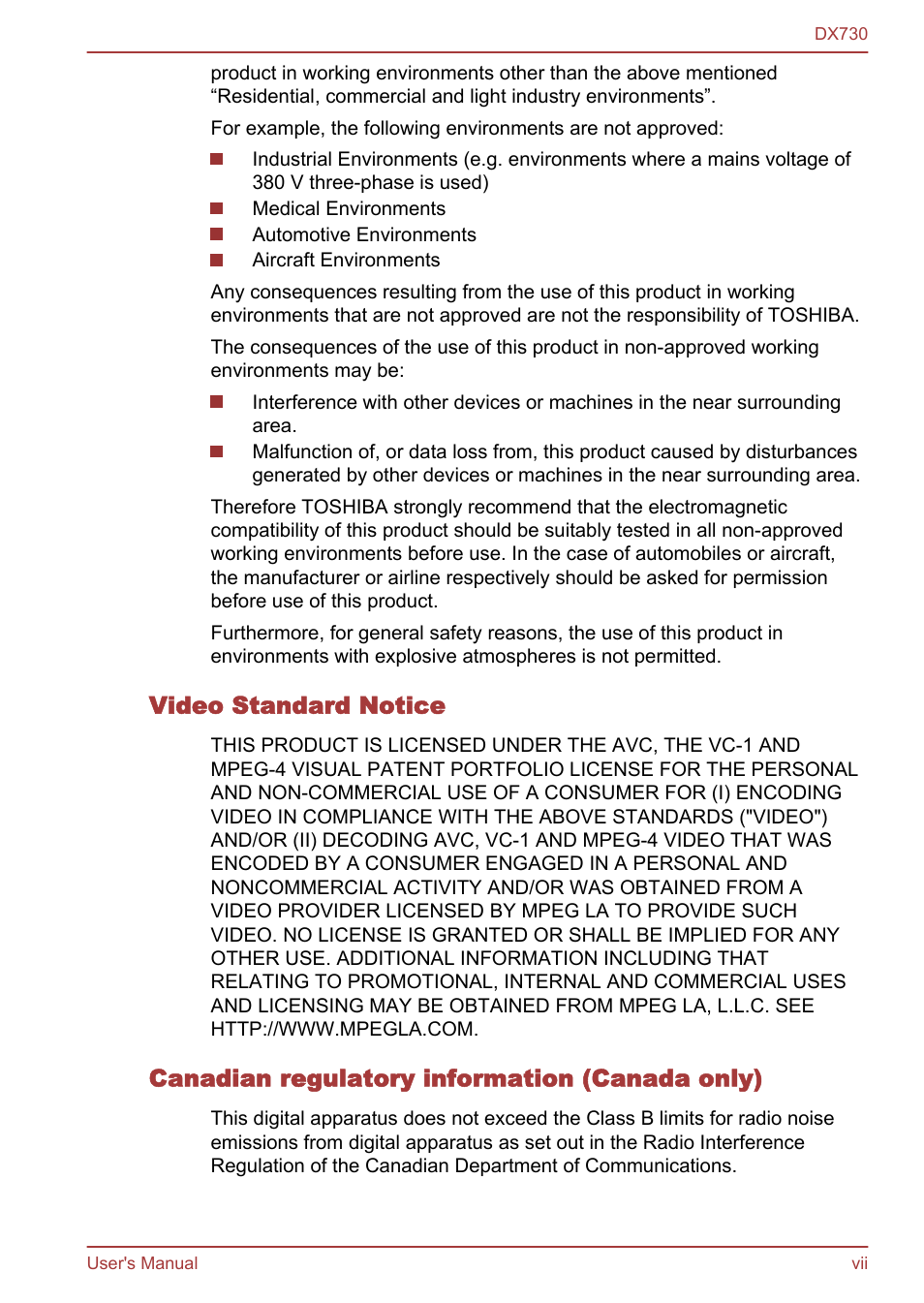 Video standard notice, Canadian regulatory information (canada only) | Toshiba Qosmio DX730 User Manual | Page 7 / 150