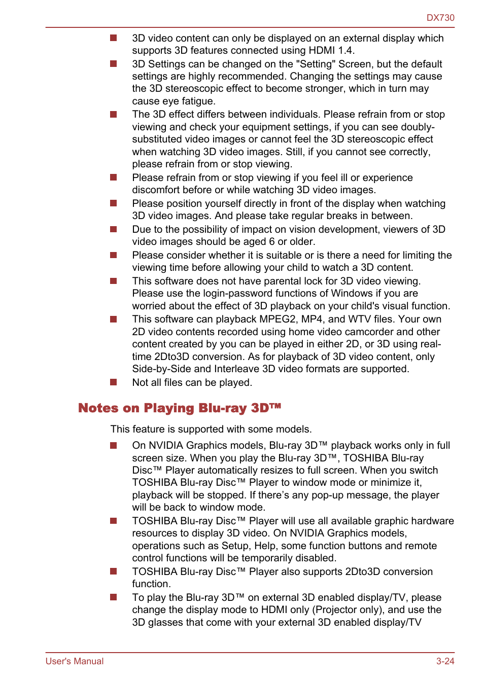 Notes on playing blu-ray 3d | Toshiba Qosmio DX730 User Manual | Page 72 / 150