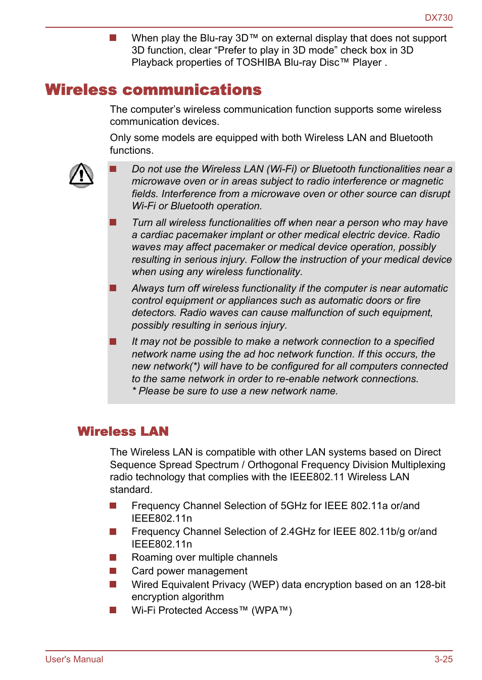 Wireless communications, Wireless lan, Wireless communications -25 | Toshiba Qosmio DX730 User Manual | Page 73 / 150