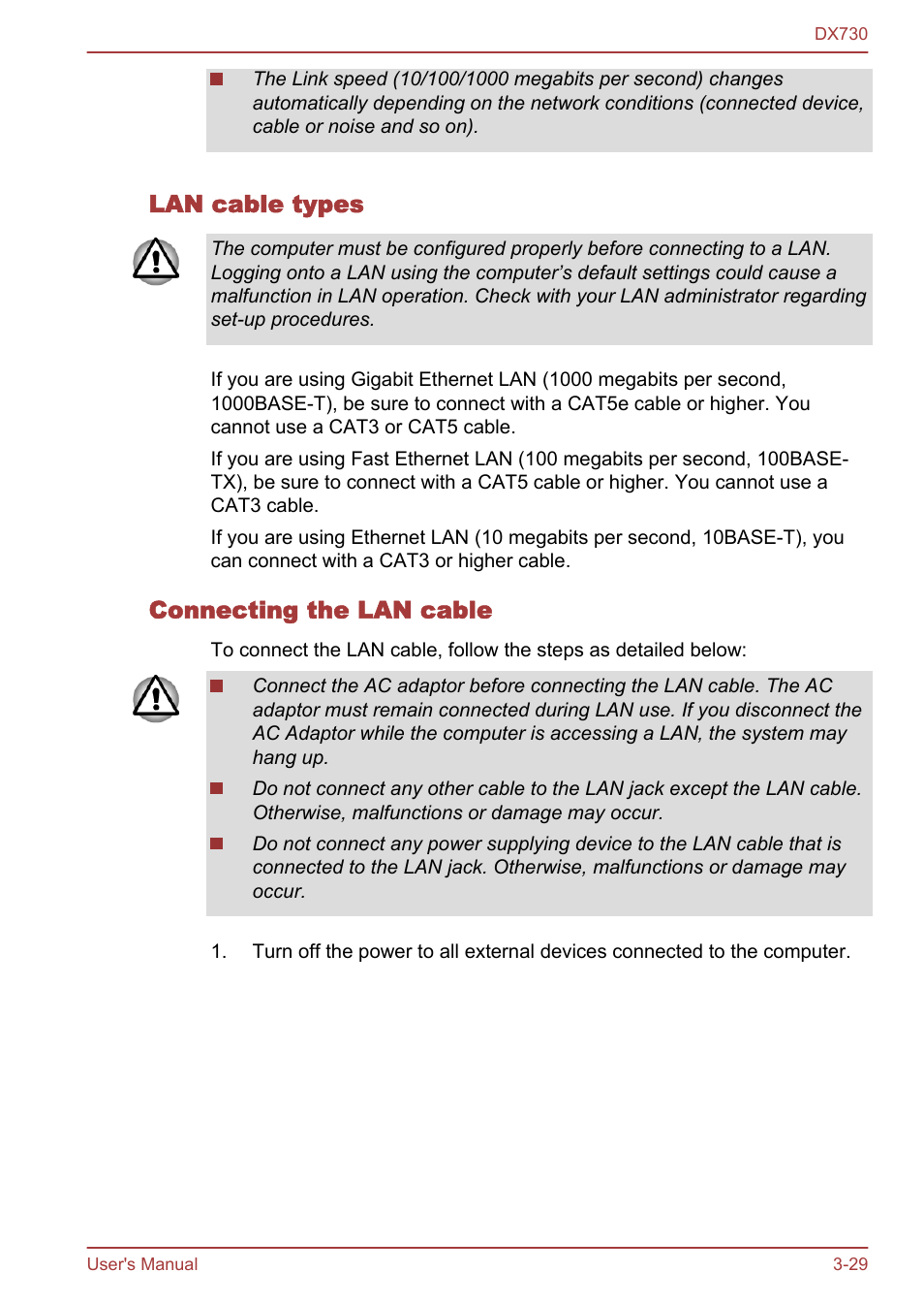 Lan cable types, Connecting the lan cable | Toshiba Qosmio DX730 User Manual | Page 77 / 150