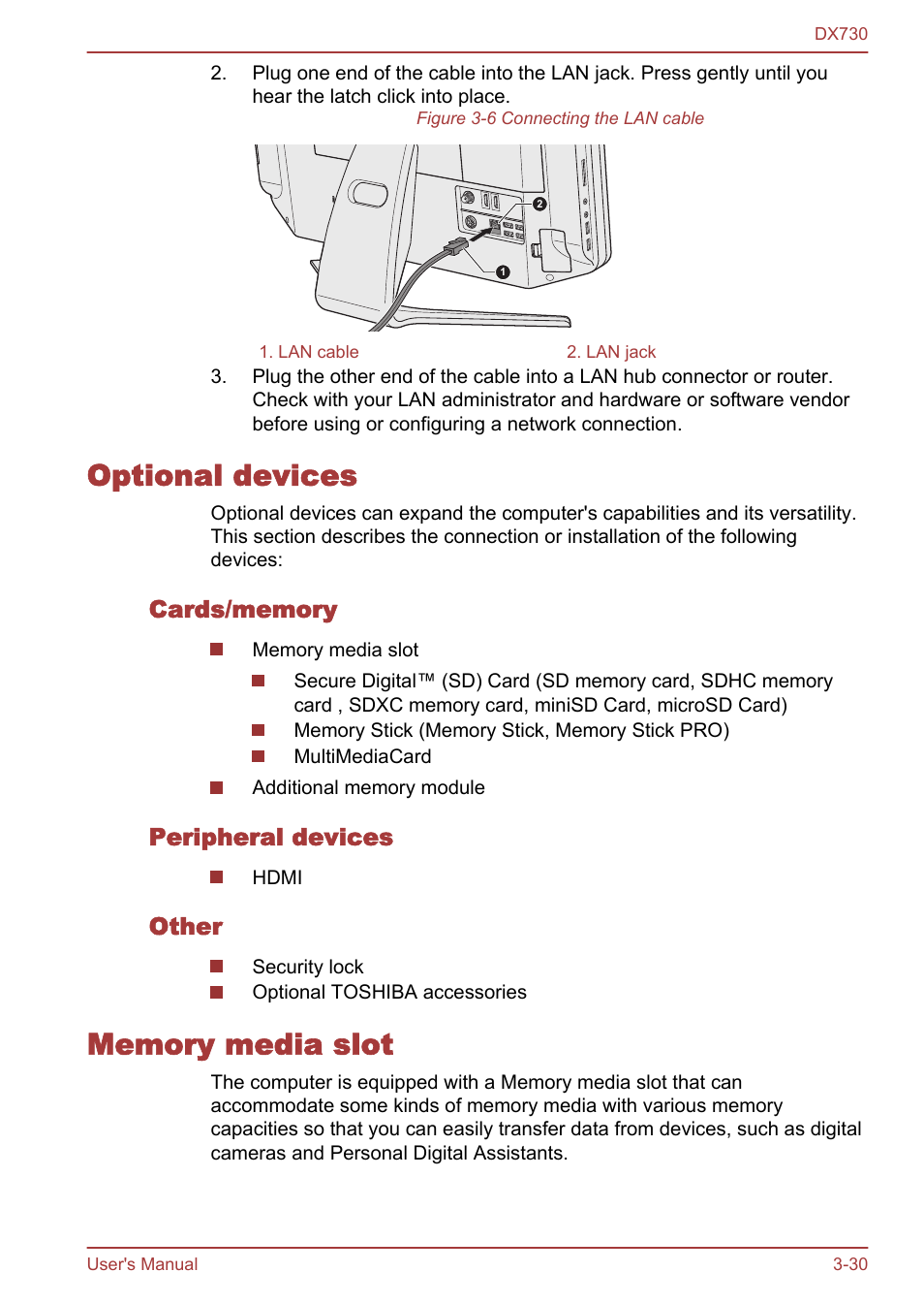 Optional devices, Cards/memory, Peripheral devices | Other, Memory media slot, Optional devices -30 memory media slot -30 | Toshiba Qosmio DX730 User Manual | Page 78 / 150