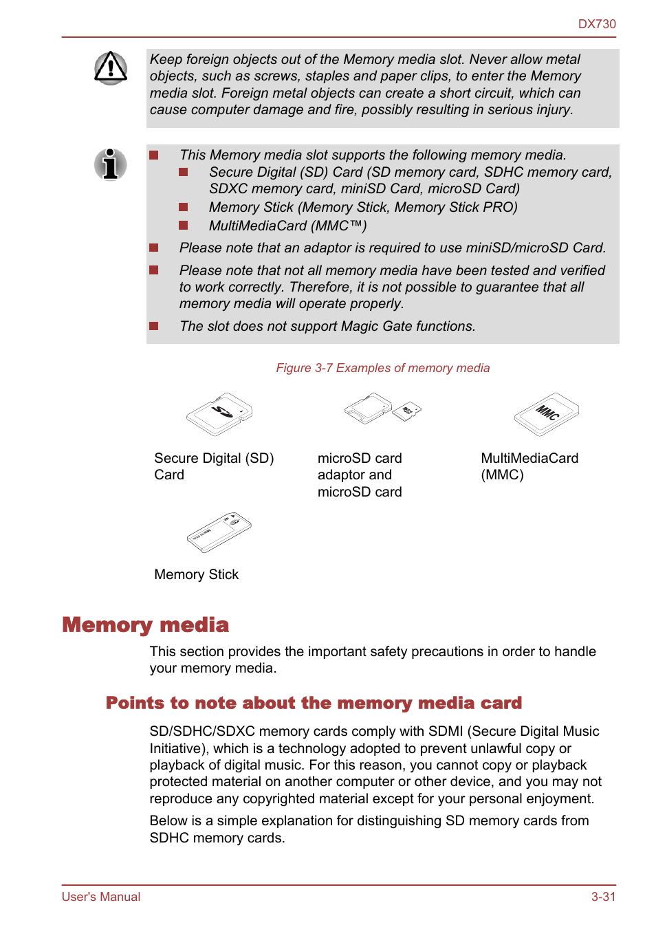 Memory media, Points to note about the memory media card, Memory media -31 | Toshiba Qosmio DX730 User Manual | Page 79 / 150