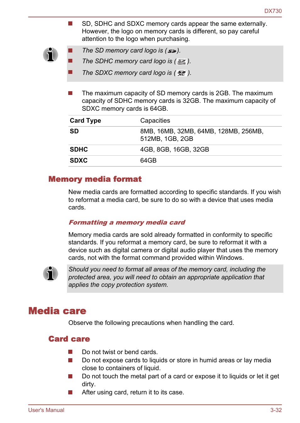 Memory media format, Media care, Card care | Media care -32 | Toshiba Qosmio DX730 User Manual | Page 80 / 150