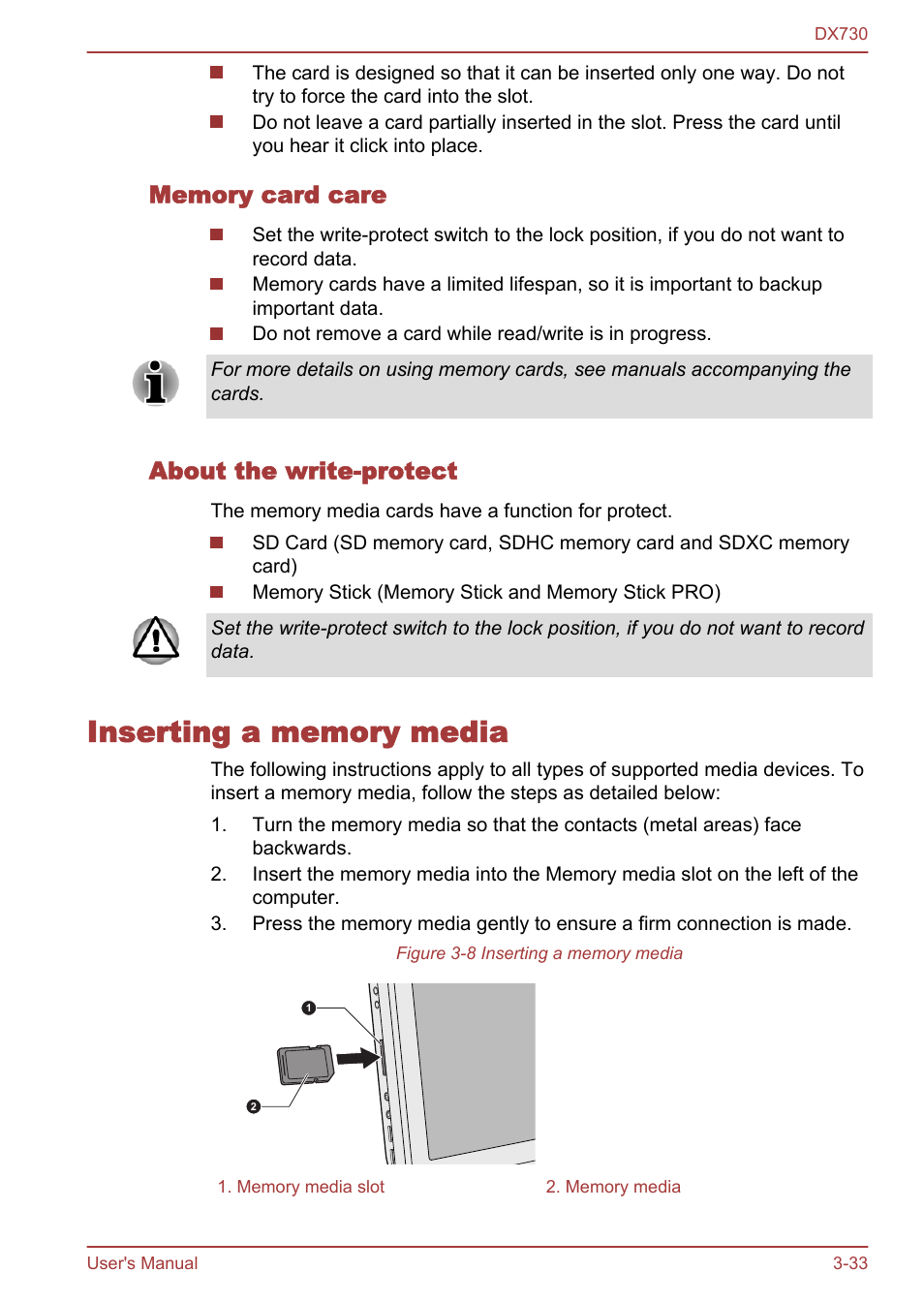 Memory card care, About the write-protect, Inserting a memory media | Inserting a memory media -33 | Toshiba Qosmio DX730 User Manual | Page 81 / 150