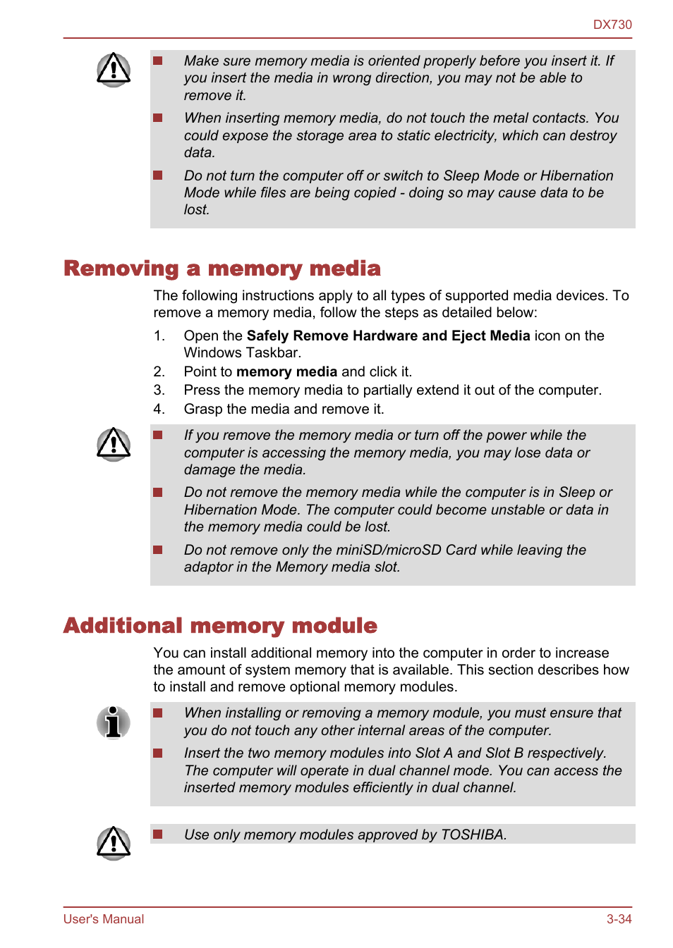 Removing a memory media, Additional memory module, Section in | Toshiba Qosmio DX730 User Manual | Page 82 / 150