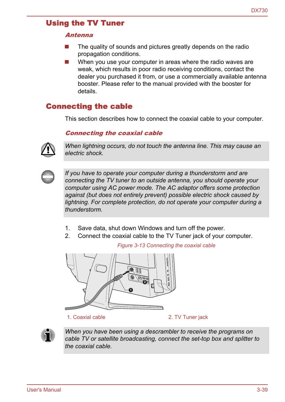 Using the tv tuner, Connecting the cable | Toshiba Qosmio DX730 User Manual | Page 87 / 150