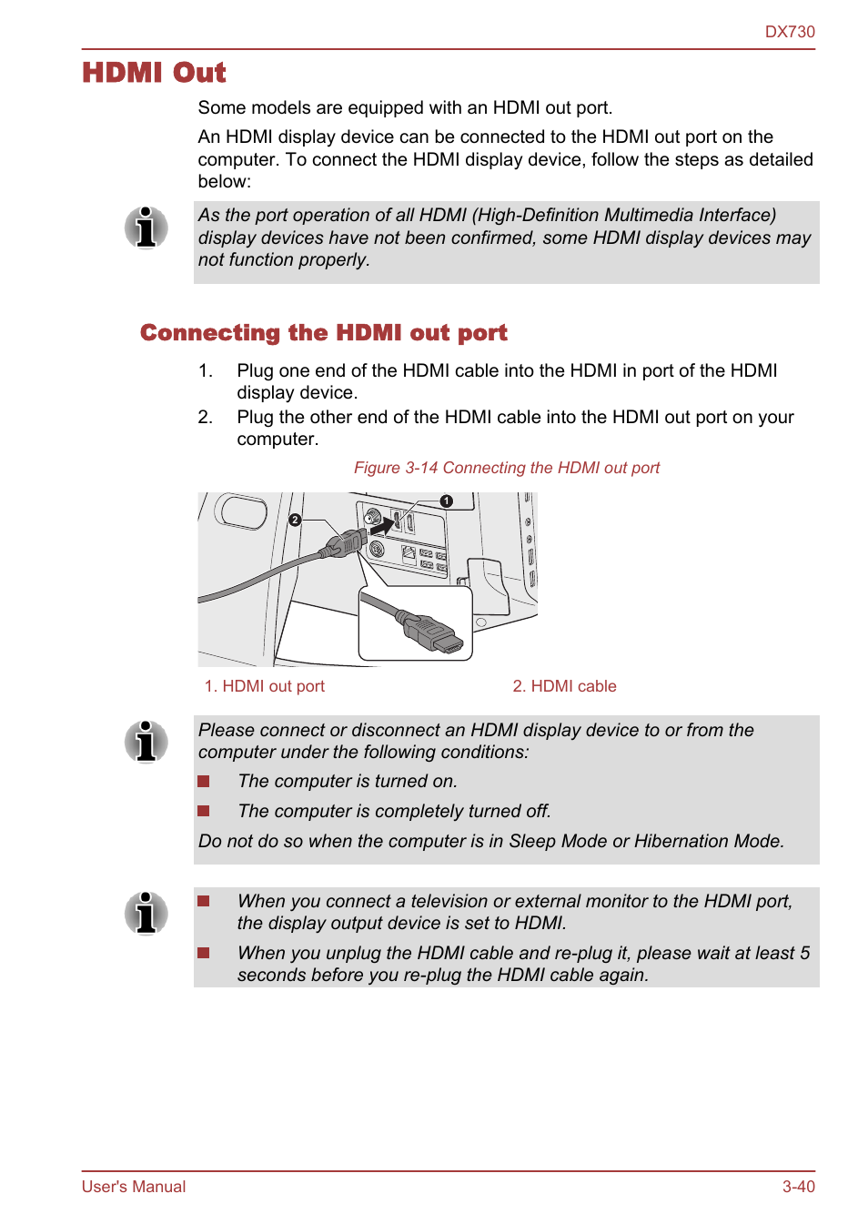 Hdmi out, Connecting the hdmi out port, Hdmi out -40 | Toshiba Qosmio DX730 User Manual | Page 88 / 150