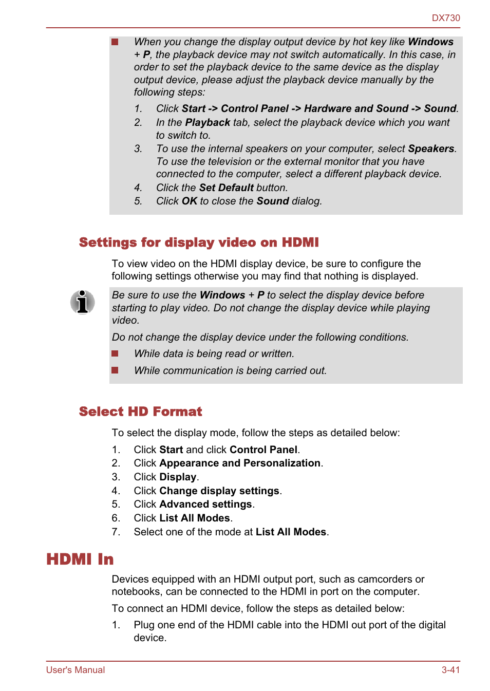 Settings for display video on hdmi, Select hd format, Hdmi in | Hdmi in -41 | Toshiba Qosmio DX730 User Manual | Page 89 / 150