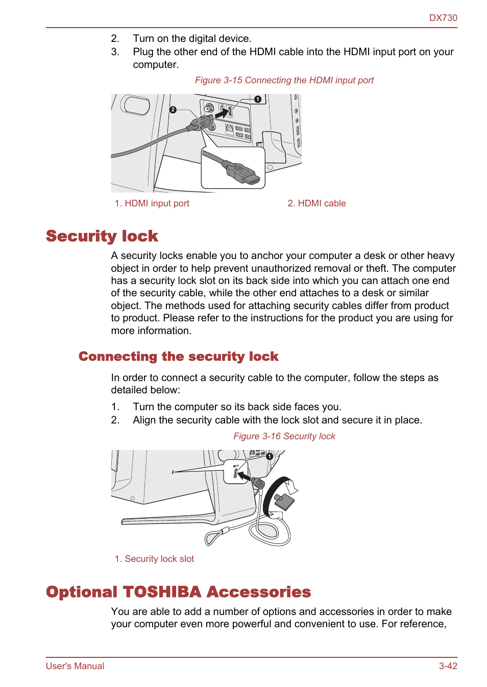 Security lock, Connecting the security lock, Optional toshiba accessories | Security lock -42 optional toshiba accessories -42 | Toshiba Qosmio DX730 User Manual | Page 90 / 150