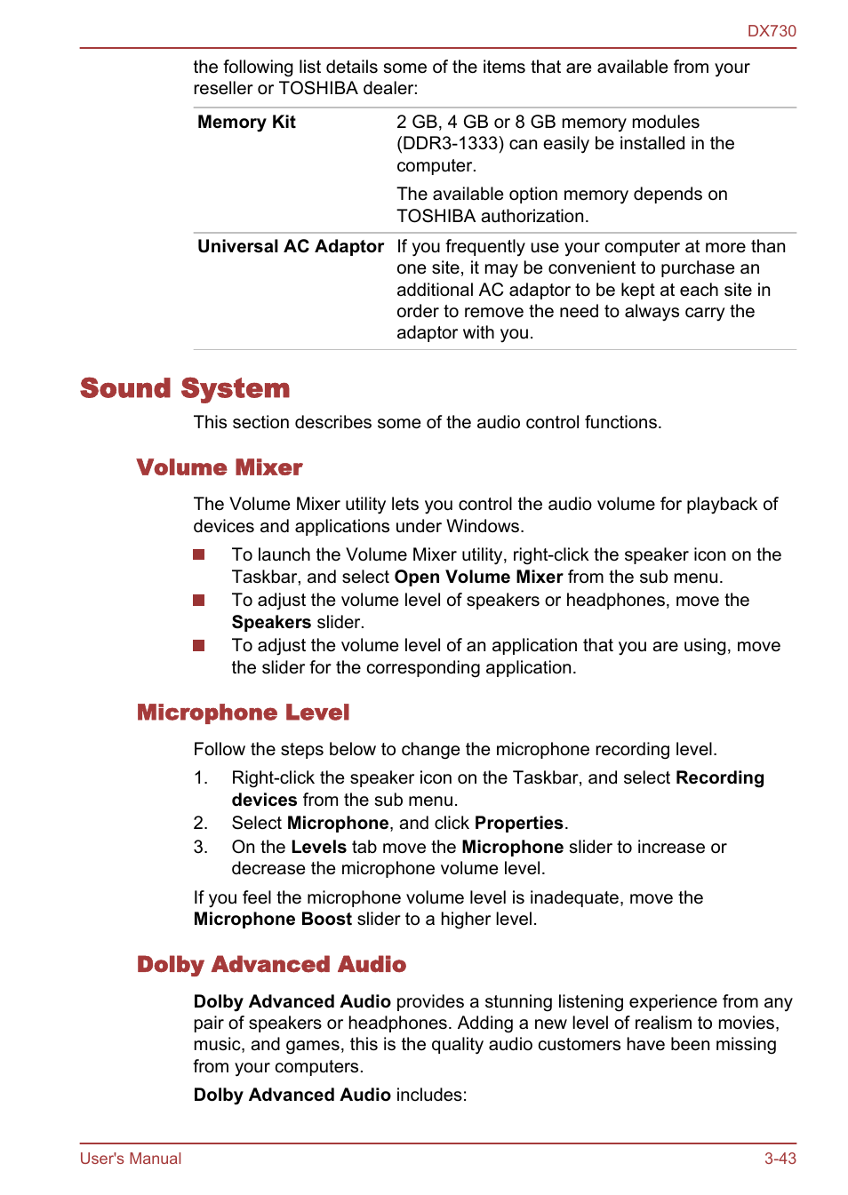 Sound system, Volume mixer, Microphone level | Dolby advanced audio, Sound system -43 | Toshiba Qosmio DX730 User Manual | Page 91 / 150