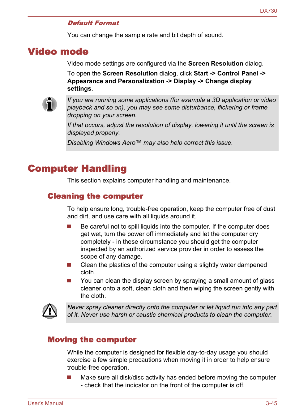 Video mode, Computer handling, Cleaning the computer | Moving the computer, Video mode -45 computer handling -45 | Toshiba Qosmio DX730 User Manual | Page 93 / 150