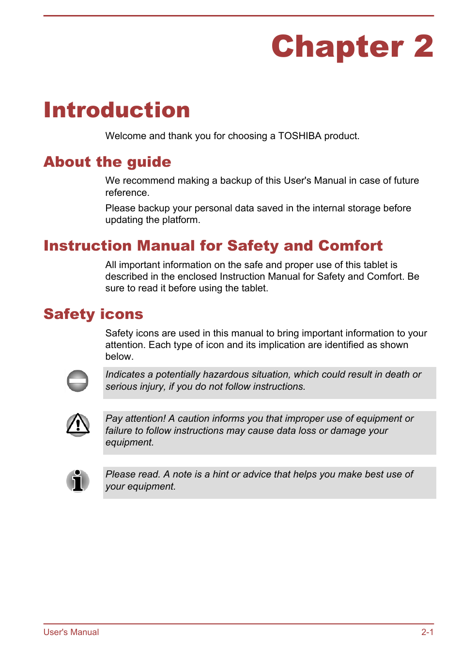 Chapter 2 introduction, About the guide, Instruction manual for safety and comfort | Safety icons, Chapter 2, Introduction | Toshiba AT300 User Manual | Page 13 / 88
