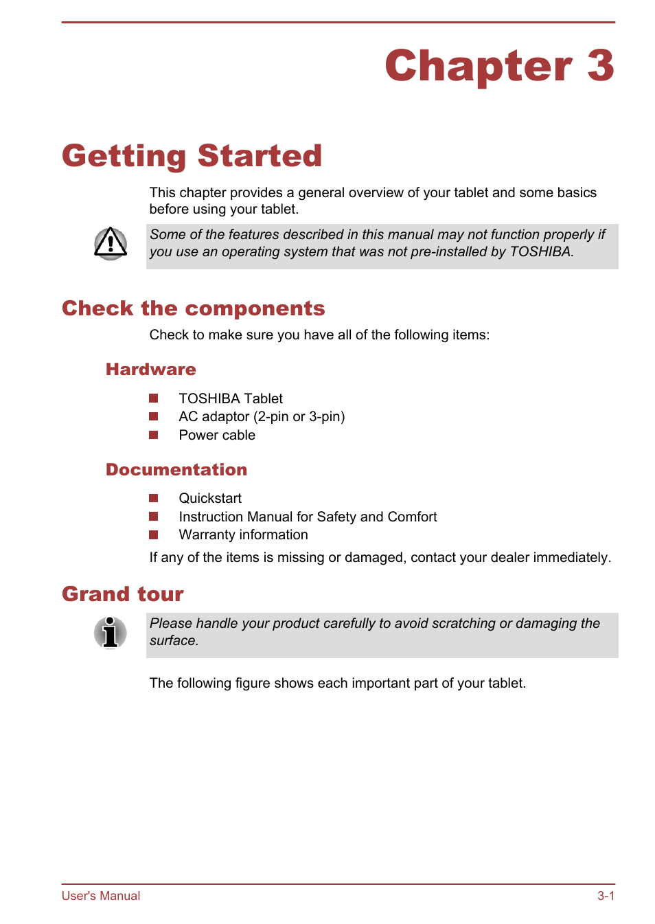Chapter 3 getting started, Check the components, Hardware | Documentation, Grand tour, Chapter 3, Getting started, Check the components -1 grand tour -1 | Toshiba AT300 User Manual | Page 14 / 88