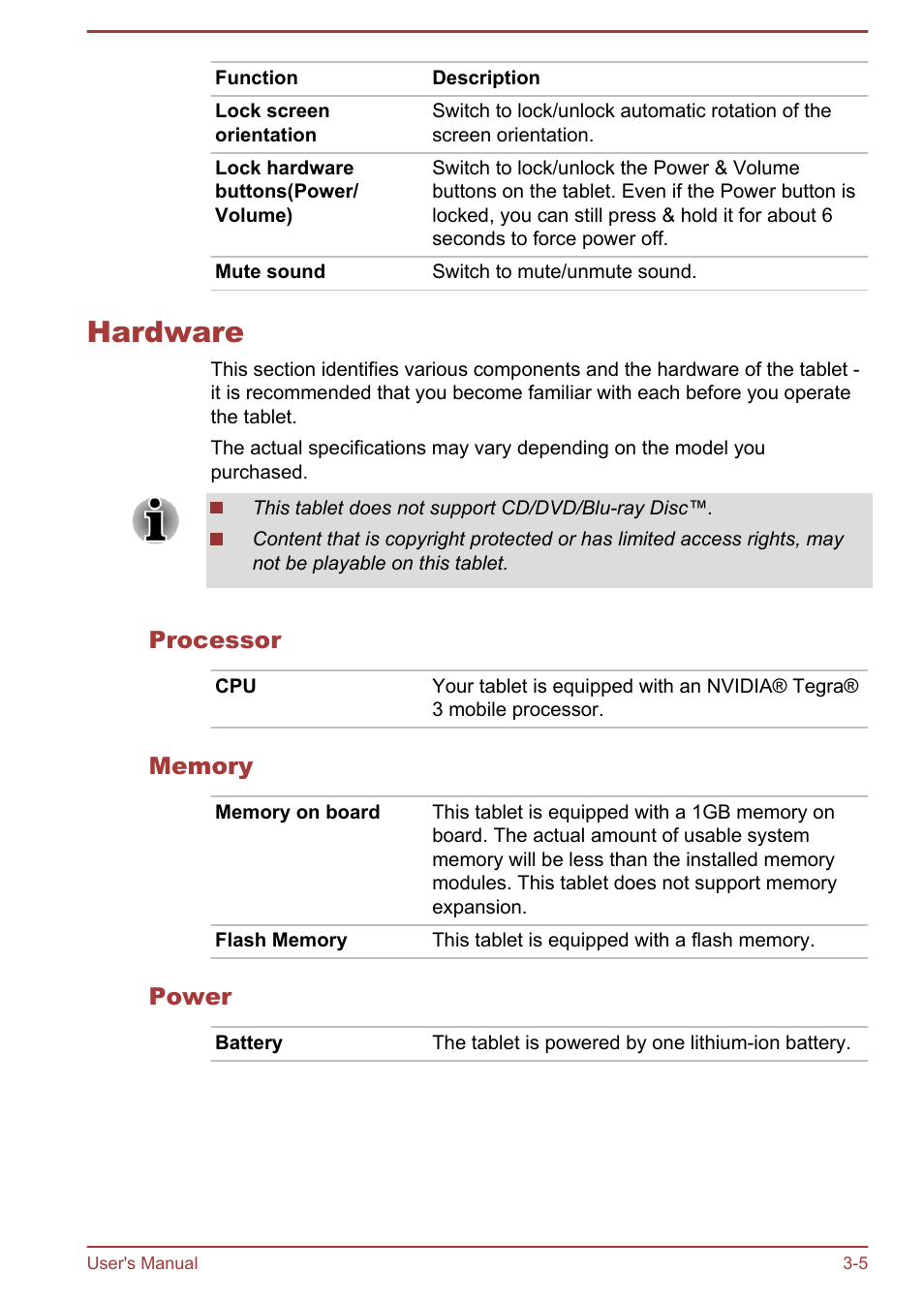 Hardware, Processor, Memory | Power, Hardware -5 | Toshiba AT300 User Manual | Page 18 / 88