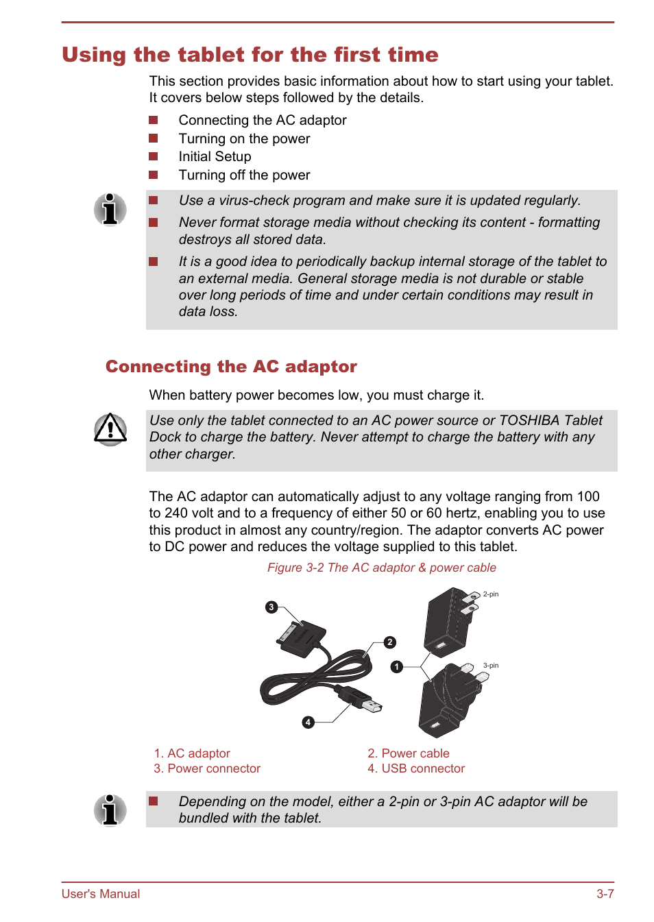 Using the tablet for the first time, Connecting the ac adaptor, Using the tablet for the first time -7 | Toshiba AT300 User Manual | Page 20 / 88