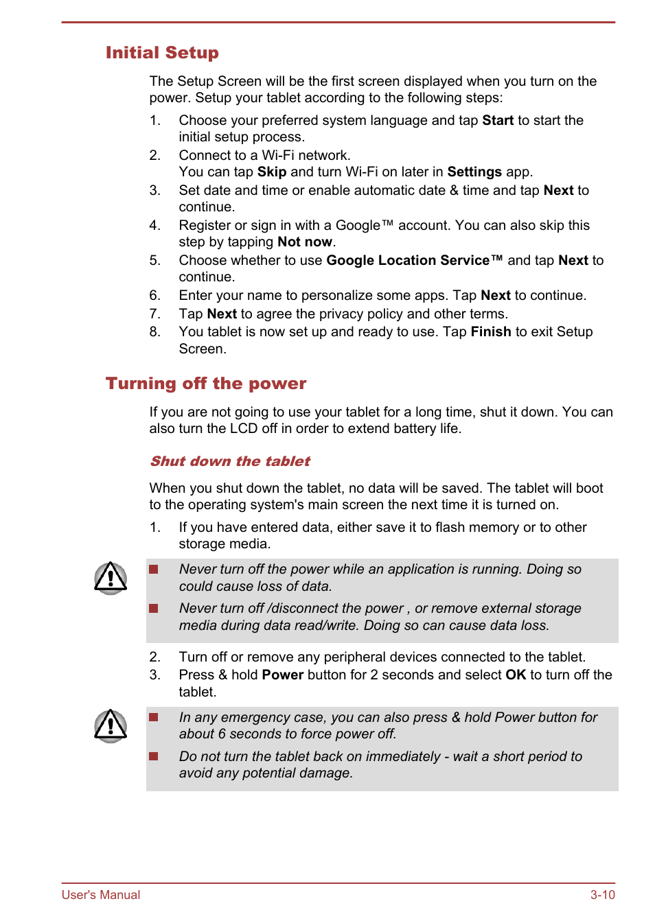 Initial setup, Turning off the power | Toshiba AT300 User Manual | Page 23 / 88