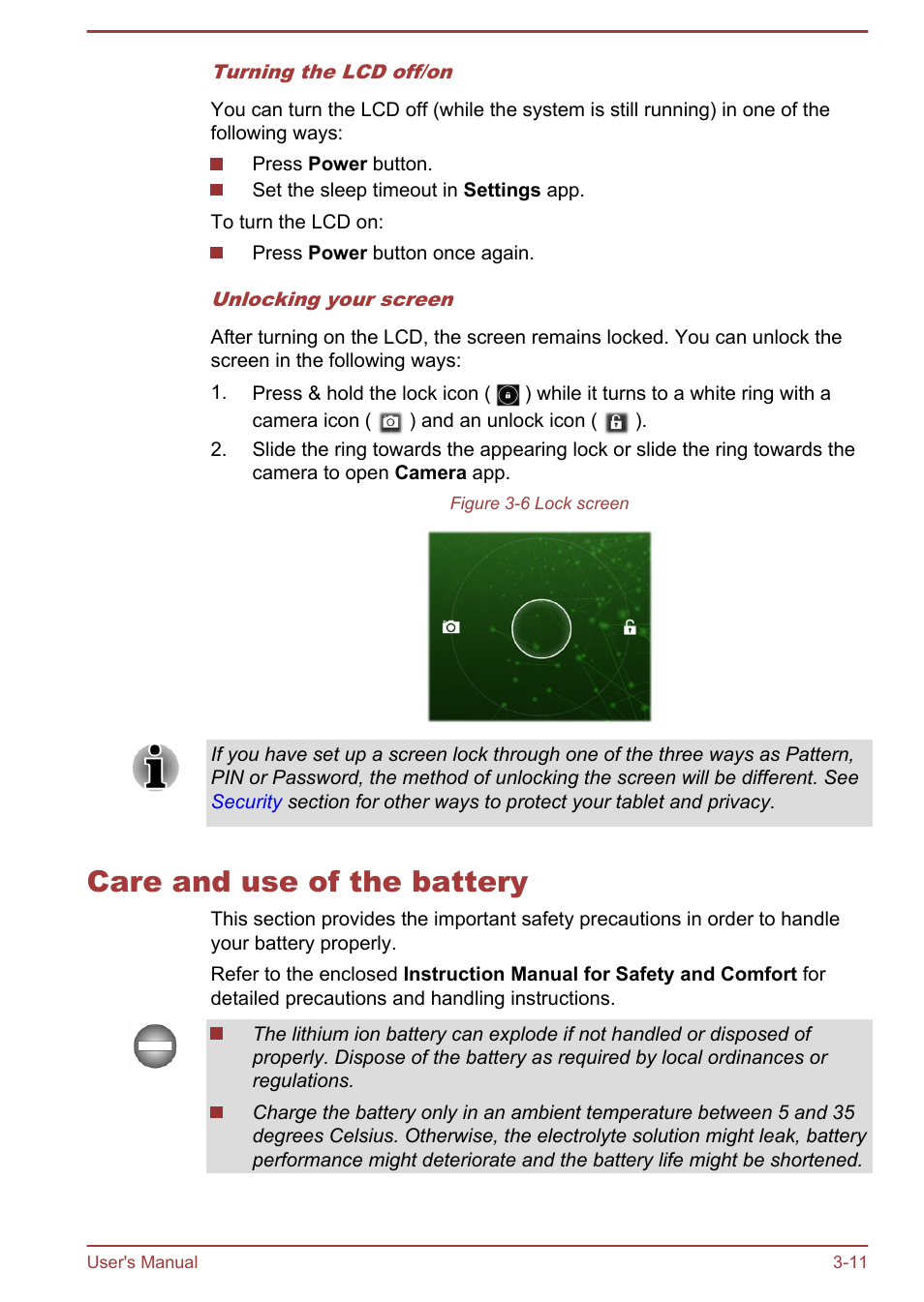 Care and use of the battery, Care and use of the battery -11 | Toshiba AT300 User Manual | Page 24 / 88