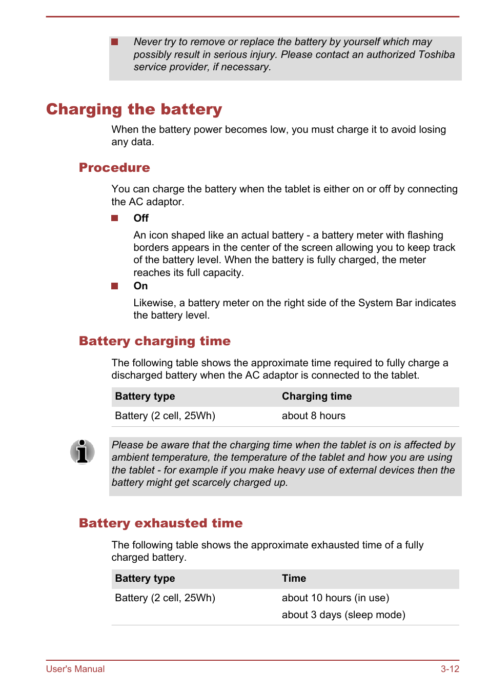 Charging the battery, Procedure, Battery charging time | Battery exhausted time, Charging the battery -12 | Toshiba AT300 User Manual | Page 25 / 88