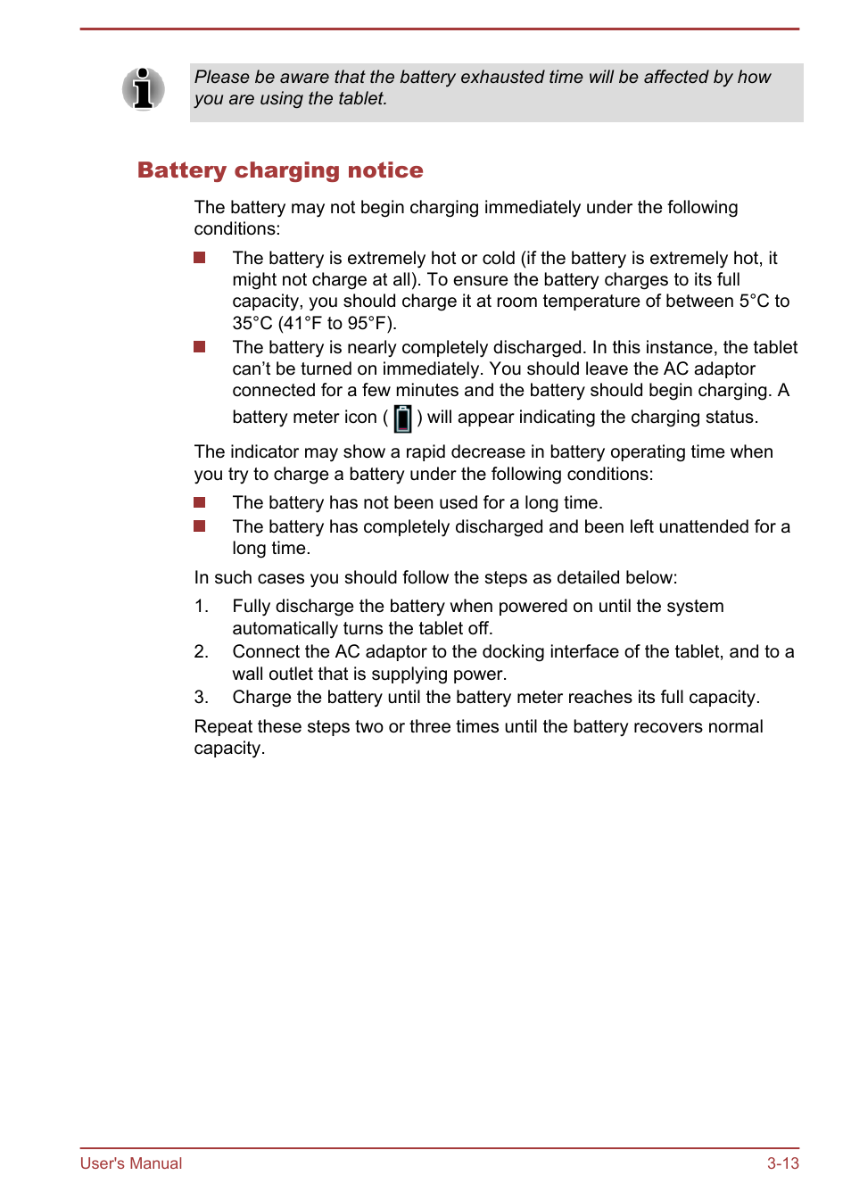 Battery charging notice | Toshiba AT300 User Manual | Page 26 / 88