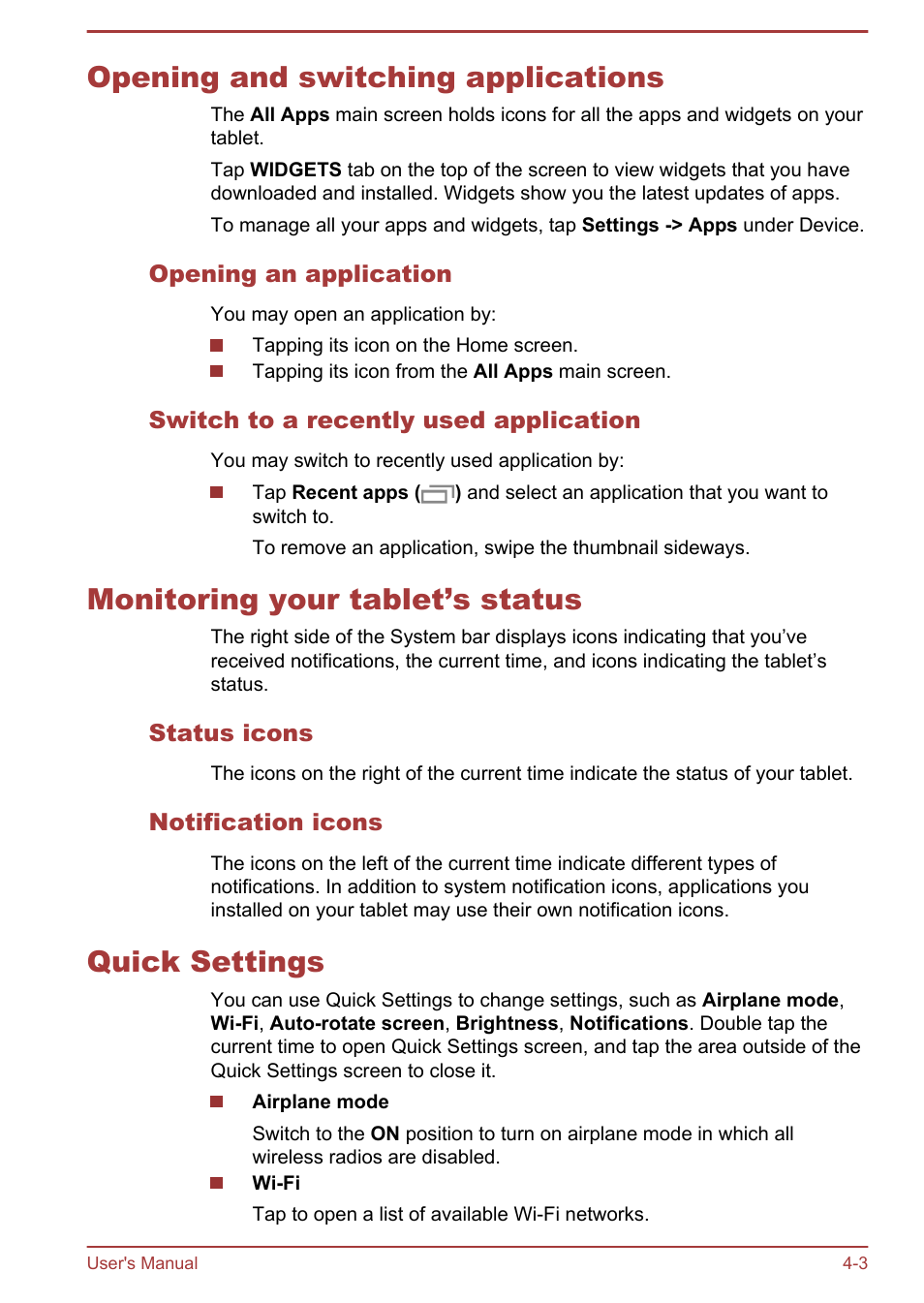 Opening and switching applications, Opening an application, Switch to a recently used application | Monitoring your tablet’s status, Status icons, Notification icons, Quick settings | Toshiba AT300 User Manual | Page 29 / 88
