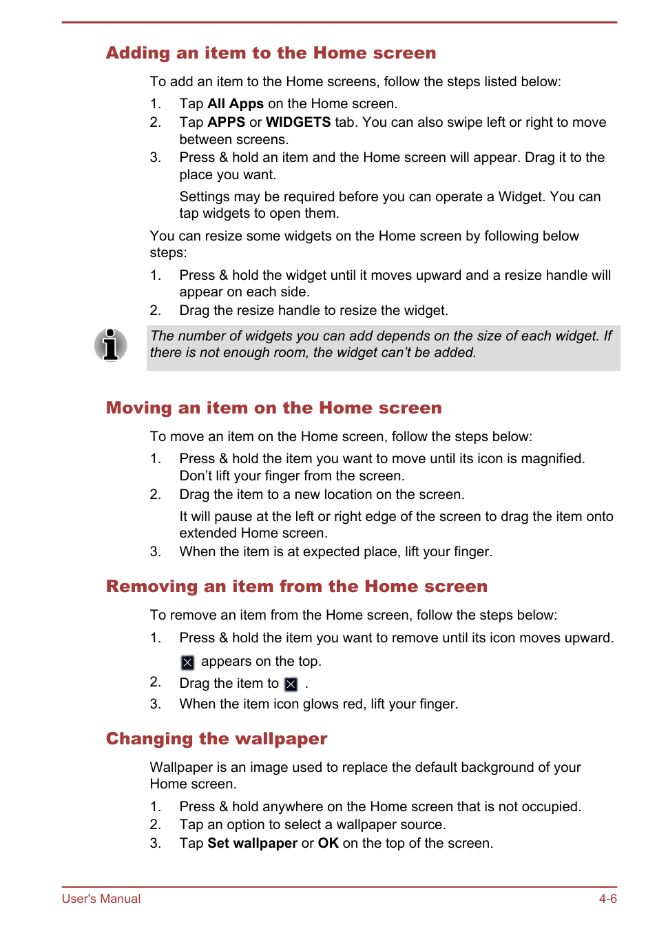 Adding an item to the home screen, Moving an item on the home screen, Removing an item from the home screen | Changing the wallpaper | Toshiba AT300 User Manual | Page 32 / 88