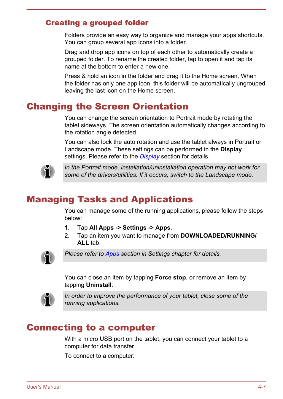 Creating a grouped folder, Changing the screen orientation, Managing tasks and applications | Connecting to a computer | Toshiba AT300 User Manual | Page 33 / 88