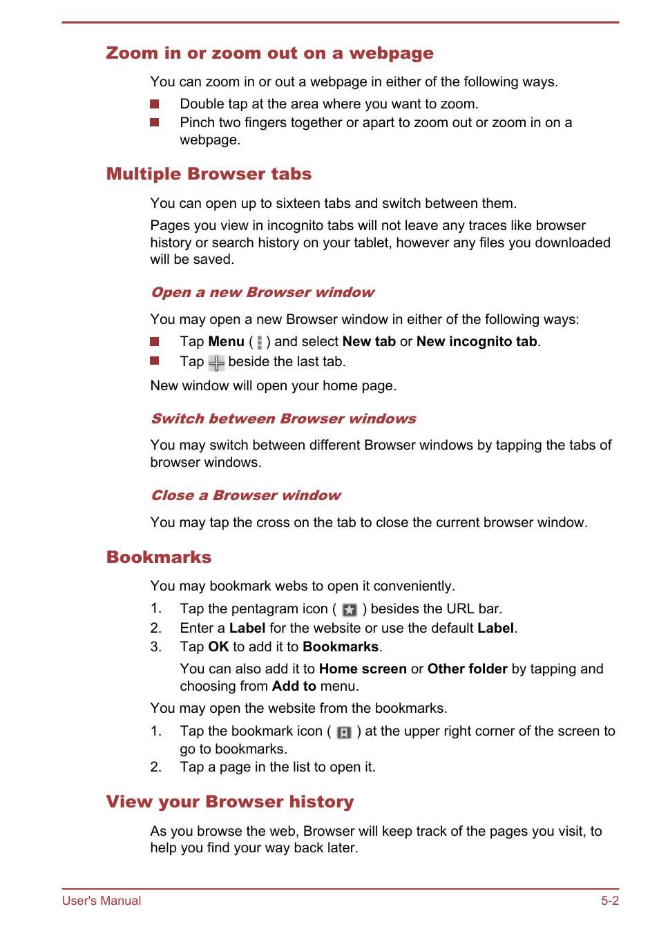 Multiple browser tabs, Bookmarks, View your browser history | Zoom in or zoom out on a webpage | Toshiba AT300 User Manual | Page 37 / 88