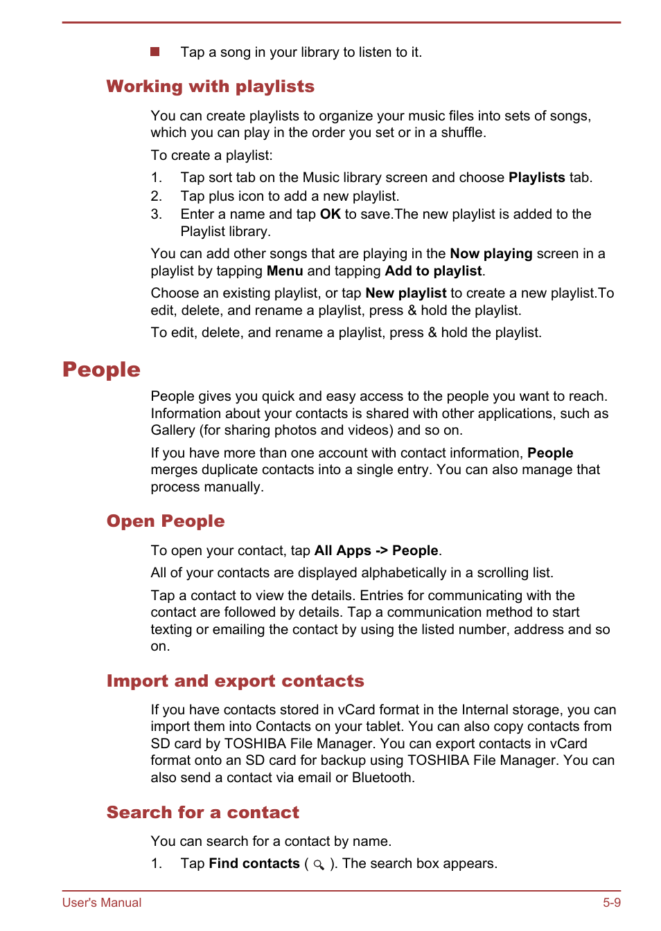 Working with playlists, People, Open people | Import and export contacts, Search for a contact, People -9 | Toshiba AT300 User Manual | Page 44 / 88