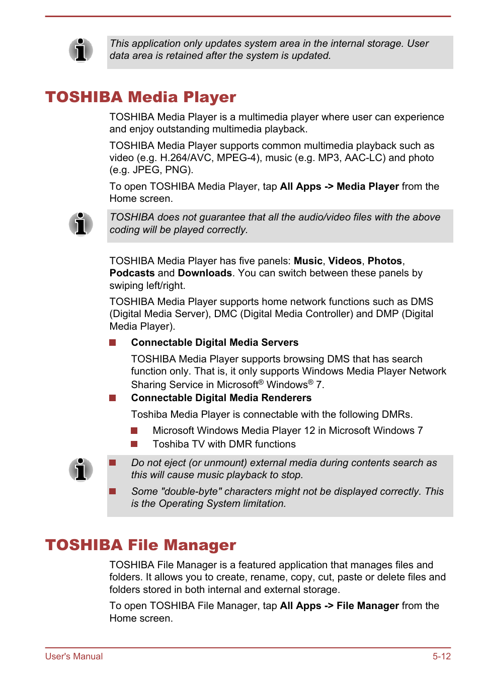 Toshiba media player, Toshiba file manager, Toshiba media player -12 toshiba file manager -12 | Toshiba, Media player, In this chapter | Toshiba AT300 User Manual | Page 47 / 88