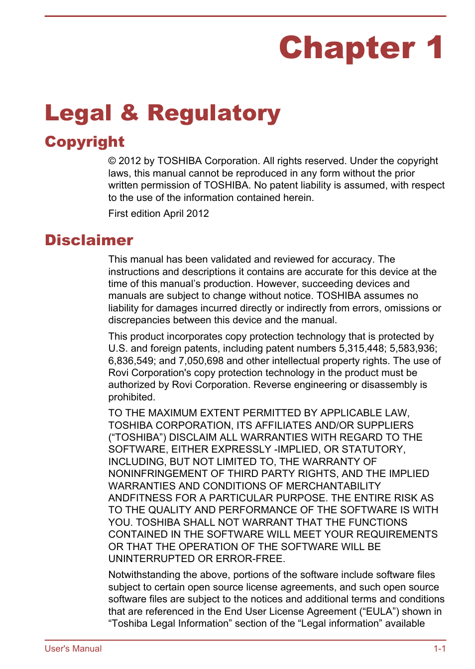 Chapter 1 legal & regulatory, Copyright, Disclaimer | Chapter 1, Legal & regulatory, Copyright -1 disclaimer -1 | Toshiba AT300 User Manual | Page 5 / 88