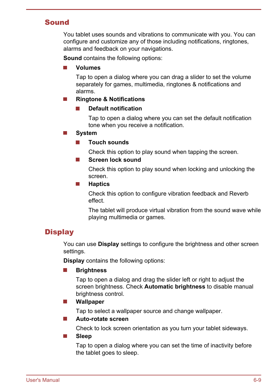 Sound, Display, Section | Settings. please refer to the | Toshiba AT300 User Manual | Page 59 / 88